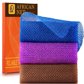 UJFQBH 3 Pieces African Bath Sponge African Net Long Net Bath Sponge Exfoliating Shower Body Scrubber Back Scrubber Skin Smoother,Great for Daily Use (Brown, Blue, Purple)