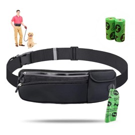Dog Walking fanny pack waist Bag/Pouch/Belt Dog Treat Training Waist Belt Storage pack Cellphone Holder Storage Pocket Waste Bag Dispenser reflection strips FREE 30 poop bags (All Black)