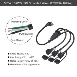 KUNCAN 3 Way Power Splitter Cord, Right Angled Type Flat Plug Indoor/Outdoor 1 to 3 Outlets Y Style Extension Cord Waterproof Heavy Duty 16/3 SJTW 3 Prong AC Power Cord Wire Extender (1.5FT 1-Pack)