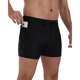 KGKE Men’s Square Leg Drawstring Swim Trunks Quick-Dry with Zip Pockets - Board Compression Shorts for Swimming (Black-Pockets,S)