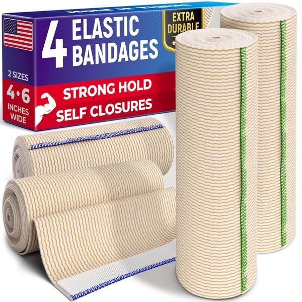 Premium Elastic Bandage Wrap - 4pk (2x4", 2x6") – Self-Closing - Strong Compression Bandage Wrap - Waist, Thigh, Elbow, Knee Wrap