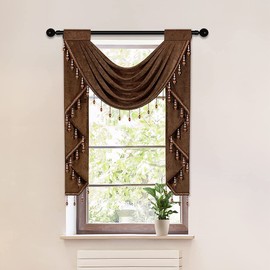 ELKCA Chocolate Single Hollow Swag Valance for Kitchen Chenille Waterfall Curtain Valance for Living Room,Rod Pocket,1 Panel