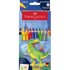 FABER-CASTELL Jumbo Dino 110922 Colouring Pencils Set 10 Pieces Shatterproof Includes 2 Metallic Pens and Dino Stickers