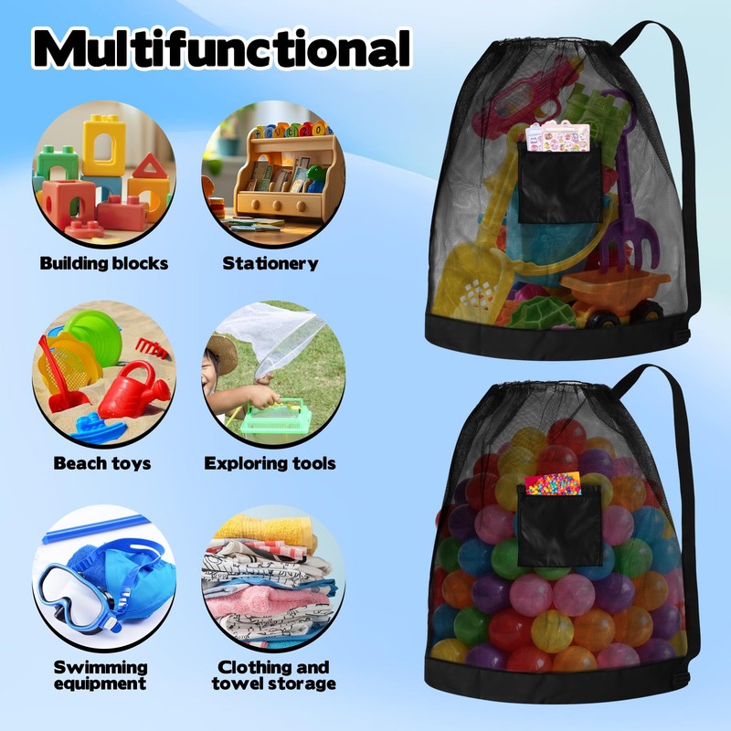 KKONHII 2Pcs Large Mesh Beach Bag Drawstring Toys Bag, Reusable