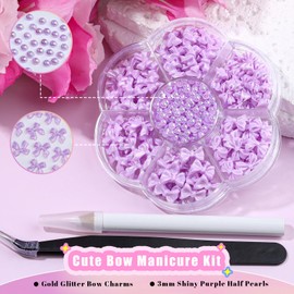 Kikonoke 420PCS Bow Nail Charms Kit with Half Pearls, 3D Acrylic Nail Gems Rhinestones, Pickup Tools for Nail Art Design, DIY Crafts, Valentine Gifts
