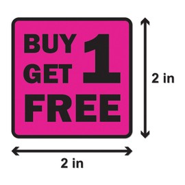 Buy One Get One Labels (2 x 2 inch, Square, Pink - 300 Labels) BOGO Stickers for Yard Sales, Garage Sales or Retail Stores