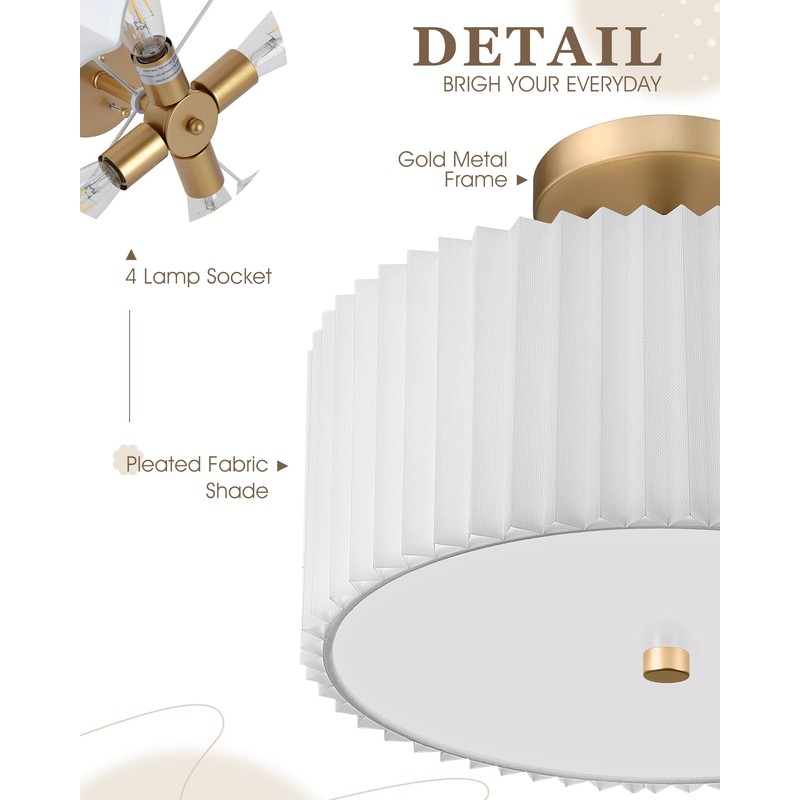 Audickic Gold Semi Flush Mount Ceiling Lights, 4-Light 18" Ceiling