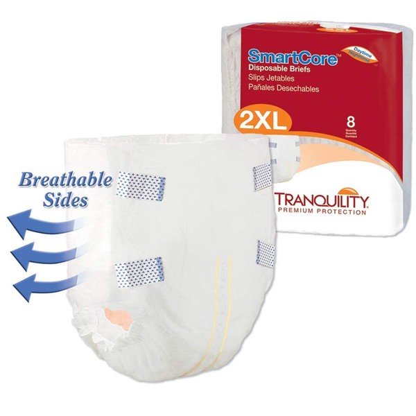 Tranquility SmartCore Disposable XXL Adult Briefs with Refastenable Tabs, 8ct (Case of 4), Waist Size 60" - 80"