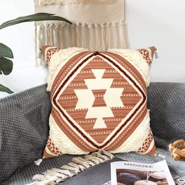 Alysheer Boho Tufted Decorative Throw Pillow Cover with Tassels Fringe 18''x18'', Cotton Velvet Reversible Woven Bohemian Style Cushion Case for Sofa Couch Living Room Gifts (Burnt Orange)