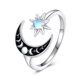 VONALA Moon and Star Rrings 925 Sterling Silver Moonstone Rings Asymmetric Crescent Moon Jewelry Gift for Women Teens Girls