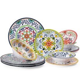 ZAROCRUS 12 pcs Talavera Melamine Dinnerware Set, Service for 4 Melamine Plates and Bowls Set, Unbreakable Dishes Dinnerware Set, Great for RVs, Camping, BPA Free and Dishwasher Safe