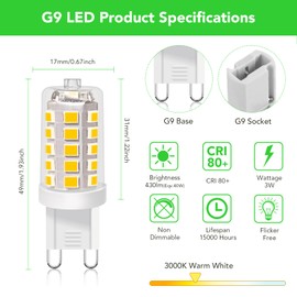 BUBO G9 LED Bulb 3000K Warm White 430 Lumens, 3W Equivalent 40W T4 G9 Halogen Replacement, 360°Beam Angle 120V Non-Dimmable No-Flicker G9 Light Bulbs for Crystal Chandelier Lighting, 40 Pack