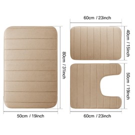 NAKIHOUSE Memory Foam Bath Mat Set, 3 Pieces Bathroom Mat, Bathroom Non-slip Mat, Bath Rug Set Absorbent Water Non-Slip Bath Mat Toilet Rug Bath Rug (Beige,40 * 60 + U50*50 + 50 * 80cm)