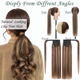 S-noilite Wrap Around Ponytail Extension Human Hair #4P27 Medium Brown Mix Dark Blonde Ponytail Extensions Real Remy Hair 20inch Long Straight Clip in Human Hair Ponytail 100Grams