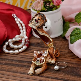 FJ FENGZHIJIE Golden Crystal Enameled Lion Jewelry Box, Hand-Painted Hinged Wild Animal Trinket Box, Elegant Home Décor & Unique Gift for Lion Lovers