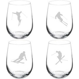 MIP Set of 4 Wine Glass Gift Ski Skier Collection (17 oz Stemless)