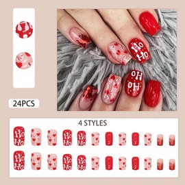 Christmas Press on Nails Short Square Christmas Fake Nails with Red Sequins Heart Design Glitter Red Press on Nails Gel Acrylic Nails Glue Stick on Nail Reusable Winter Holiday False Nails Kit 24Pcs