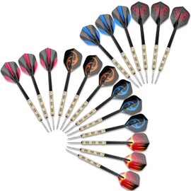 WinGluge 18 pieces darts with metal tip, 14 g steel darts professional, steel darts set, steel dart arrows, 6 designs dart flight, multi purpose dart tool, for beginners and hobbyists