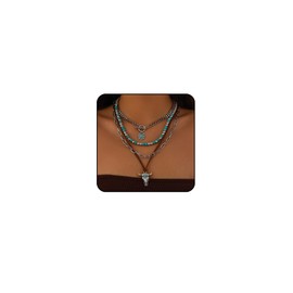 Layered Western Necklaces for Women Boho Turquoise Beaded Necklaces Stacked Cowgirl Pendant Necklace Western Jewelry for Women (Style 1)