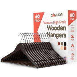 Brown Wooden Hangers 60 Pack – Heavy-Duty with 360° Swivel Hook, Non-Slip, Pants Bar & Shoulder Grooves - Wooden Hangers for Suits, Jackets, Dresses & Camisoles, Space-Saving and Smooth Finish