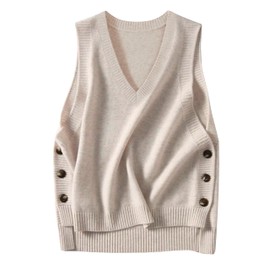 HangNiFang Womens Sweater Vest Sleeveless V Neck Trendy Side Button Down Knit Vest Outfits(1299-Beige-M)