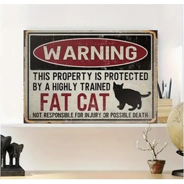 Vintage Style Fat Cat Warning Sign, 12x8 Inches, Aluminum Metal, Retro Wall Decor