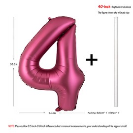 Number 4 Balloons 40 Inch Wine Red Burgundy Foil Helium Large Balloons for Birthday Party Anniversary Decorations（Digital 4）