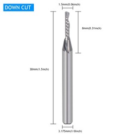 1/8 Inch Down Cut Single Flute (O Flute) Spiral End Mill CNC Router Bits,with 1/16 Inch Cutting Dia，5/16 Inch Cutting Length for Acrylic PVC MDF Wood Pack of 5
