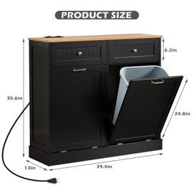 GAZHOME Double Tilt Out Trash Cabinet with charging station, Upgrade Wooden Free Standing Trash Cabinet with Outlet,Recycling Cabinet with Hideaway Drawer,20 Gallon Tilt Out Trash Cabinet(Black)
