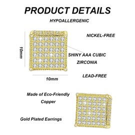 Generic Stud Earrings For Men- 2Pcs Gold Earrings Cubic Zirconia Earring Studs For Men Hypoallergenic Round Square Gold Plated Earrings For Women Aretes De Hombre (G-SF), Large