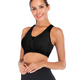 Zip Front Sports Bra - Padded Sports Bras for Women Wireless Post-Surgery Bra Workout Fitness Running Black