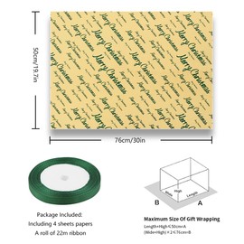 Merry Christmas Wrapping Paper - 4 Sheets Green Merry Christmas Lettering W/ 1 roll Green Ribbon Set Kraft Brown Xmas Gift Wrap Paper For Christmas Holiday Party Supplies Boy Girl Women Men
