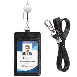 Teskyer Microfibre Leather ID Card Holder with Strap - Retractable ID Card Holder for 2 Cards, Transparent Window, Vertical, Black