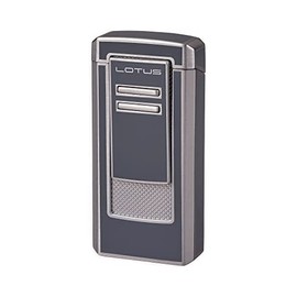 Lotus Commander Cigar Lighter with Triple Pinpoint Wind-Resistant Torch Flames, All Metal Housing, Integrated 9 mm Cigar Punch, Tinted Fuel Level Window (Gray Lacquer & Chrome)