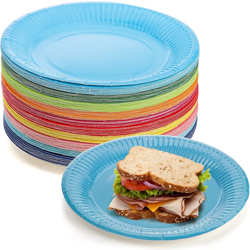 Colorful Round Disposable Paper Plates - 50Pcs Rainbow Party Dinner