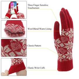 Long Keeper Red Wool Gloves for Women Winter Touchscreen Knitted Elastic Cuff Gloves Soft Stretchy Warm Gloves for Driving Cycling (Maple Leaf)