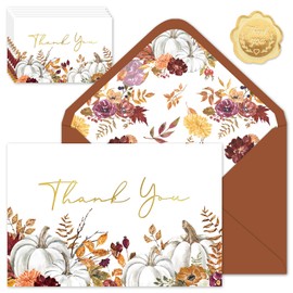 JarThenaAMCS 50 Pack Fall Thank You Cards Boxed Pumpkin Floral Greeting Cards with Envelopes Stickers Glue Stick Autumn Leaves Pumpkin Blank Note Card for Party Supplies, 4 x 6 Inch