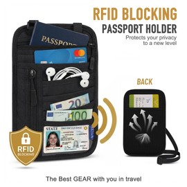 RFID Blocking Neck Wallet With NFC 215 Keyfob, Hidden Travel Passport Holder for Men & Women, Anti Theft Neck Wallet Organizer for Passport, Credit Cards, Cash & Phone, Travel Security Bag-Black