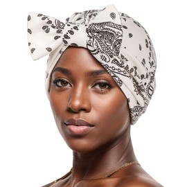Turban Bows for Women, Cashew Bow Head Wraps Cotton Silky Lined Sleeping Cap Hair Turban Durag Skull Sleep Cap Nightcap Bow Beanies, White