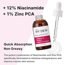 DearMYDEW 12% suero de niacinamida con 1% PCA de zinc, minimizador de poros para cara, controla el exceso de aceite y sebo, mejora el tono desigual de