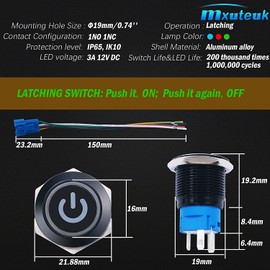 mxuteuk 19mm Latching Push Button Switch 1 NO 1 NC SPDT ON/OFF Black Metal Shell with 12v Red Power Symbol Light With Wire Socket Plug Suitable for 3/4" Mounting Hole Self-Locking L-19-POWER-B-R