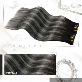 Moresoo Clip in Hair Extensions Ombre Black Mixed with Silver Hair Extensions Clip in Real Human Hair Balayage Double Weft Clip on Hair Extensions Silver Grey 22inch 7Pieces 120Grams