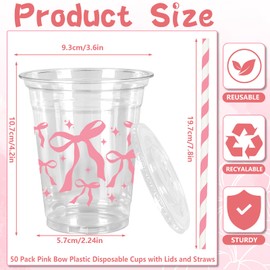 Whaline 50Pcs Pink Bow Plastic Cups with Lids and Straws Bow Knot Stars Clear Plastic Cups 12oz Disposable Cups for Birthday Baby Shower Party Supplies
