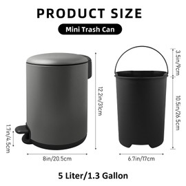 Small Trash Can with Soft Close Lid, 3L/0.8 Gal Round Stainless Steel Trash Can with Foot Pedal, Removable Inner Wastebasket, Garbage Can for Bathroom Bedroom Office (Black)