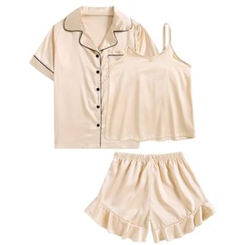 Belovecol 3 Piece Kids Satin Pajamas Set Button-Down Sleepwear Loungewear PJS Shorts Sleeve Tops + Short Pants + Camisole top 10-11T Champagne