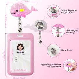 Nurse Badge Reel，Pink Funny ID Badge Holders and Retractable RN ID Badge Clip, Cute Key Card Holder Nametag Protector for Nursing Student Women Girl Kid Teacher Doctor (Vertical with Dolphin Reel)
