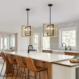 Small Black and Gold Chandelier, 6-Light Dining Room Pendant Light Fixture Geometric Metal Modern Industrial Chandelier Lighting for Farmhouse Entryway Living Room Kitchen Island Hallway Foyer