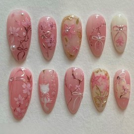 24Pcs Sping Summer Press on Nails Long Almond Fake Nails Flower False Nails Floral Leaf Gold Edge Cute Cat Bow with Rhinestone Design Pearl Pink Glue on Nails Full Cover Artificial Nail for Women