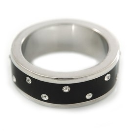 Avalaya Black Enamel Crystal Band Ring/Rhodium Plated/Size 7