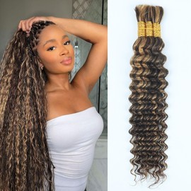 Human Braiding Hair for Boho Braids 110g 22 Inch Highlight Brown Curly Boho Hair for Braiding No Weft Bohemian 3 Bundles Knotless 12A Deep Wave Bulk Wet and Wavy Human Braids Extensions P4/30#